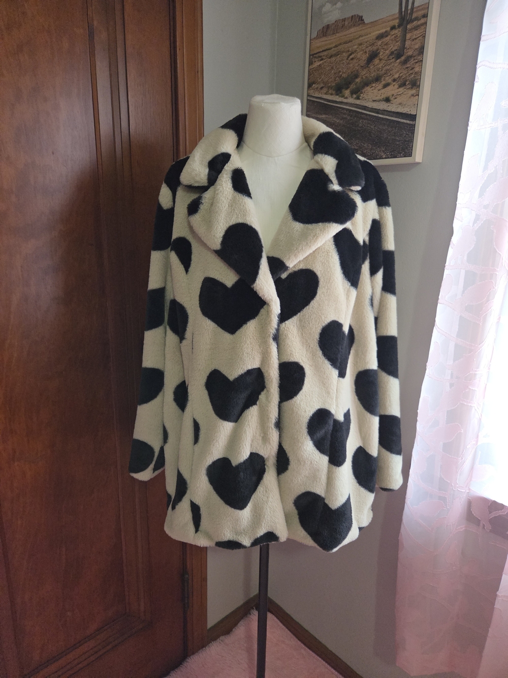 torrid Cream and Black Faux Teddy Coat with Heart Print